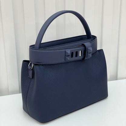 Navy Blue Grain Leather Palladium Hardware Structured Handheld Bag
