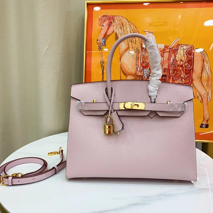 Pink Smooth Leather Rose Gold Hardware Structured Hand Tote Bag