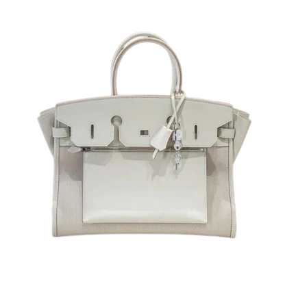 Creamy White Two-Tone Calfskin Canvas Lock Top Handle Tote Bag