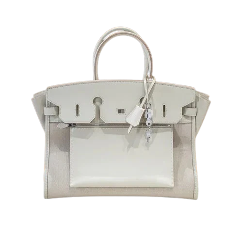 Creamy White Two-Tone Calfskin Canvas Lock Top Handle Tote Bag