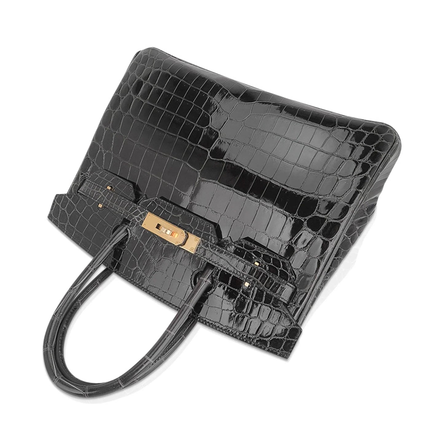 Black Glossy Crocodile Grain Gold Hardware Structured Handbag