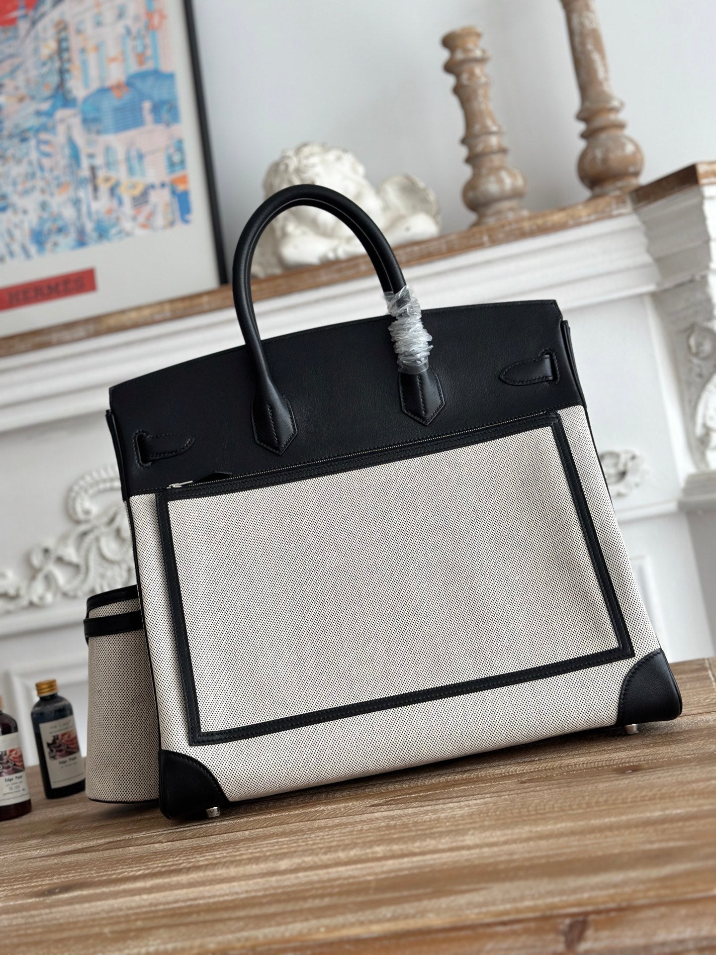 White Contrast Canvas Leather Multi-Pocket Large Travel Handbag