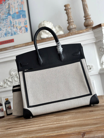 White Contrast Canvas Leather Multi-Pocket Large Travel Handbag