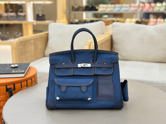 Deep Blue Canvas Leather Trim Silver Hardware Cargo Hand Tote Bag