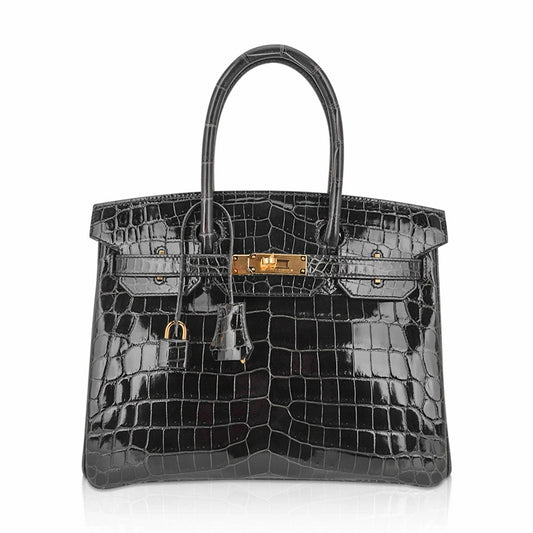 Black Glossy Crocodile Grain Gold Hardware Structured Handbag