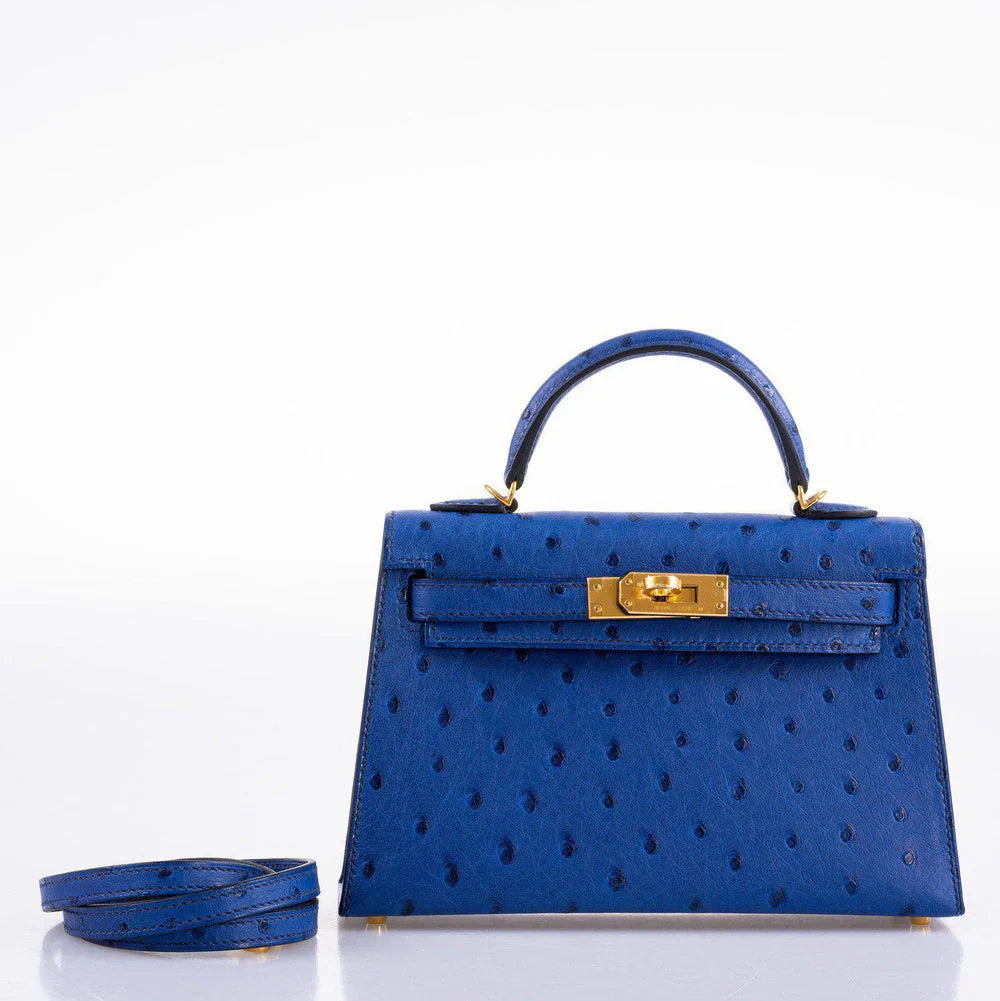 Sapphire Blue Dotted Grain Leather Gold Hardware Mini Flap Handbag