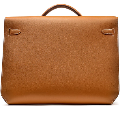 Gold Brown Grain Leather Palladium Hardware Horizontal Briefcase Bag
