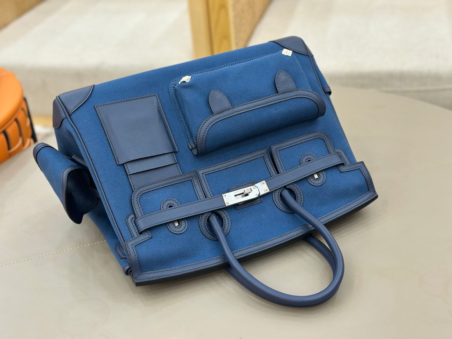 Deep Blue Canvas Leather Trim Silver Hardware Cargo Hand Tote Bag