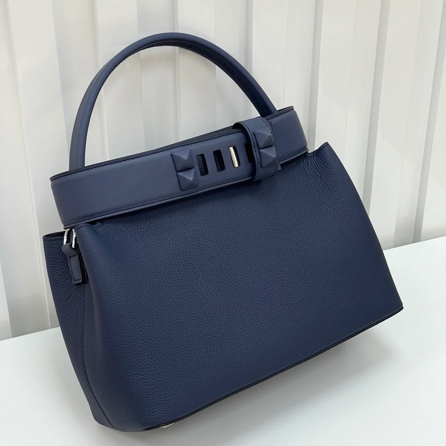 Navy Blue Grain Leather Palladium Hardware Structured Handheld Bag