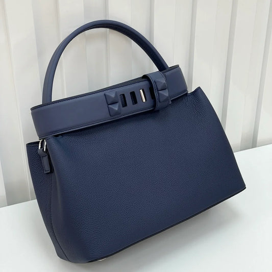 Navy Blue Grain Leather Palladium Hardware Structured Handheld Bag