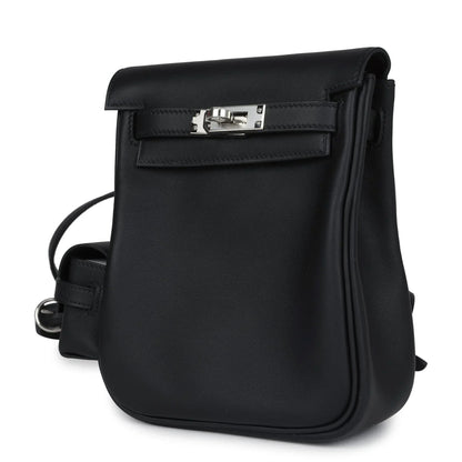 Black Leather Palladium Hardware Flap Backpack