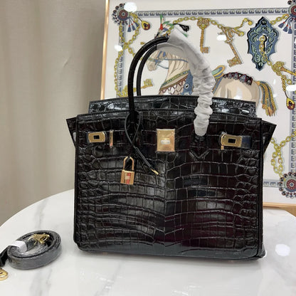Black Glossy Crocodile Grain Gold Hardware Structured Handbag