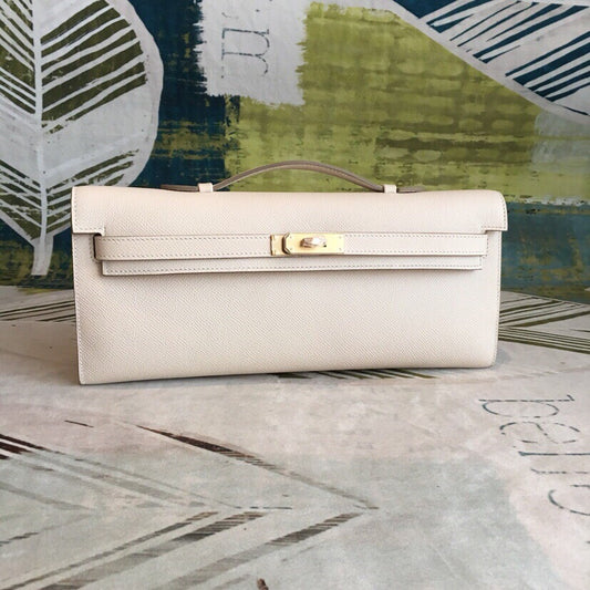 Creamy White Leather Lock Long Evening Clutch Bag