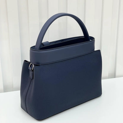 Navy Blue Grain Leather Palladium Hardware Structured Handheld Bag