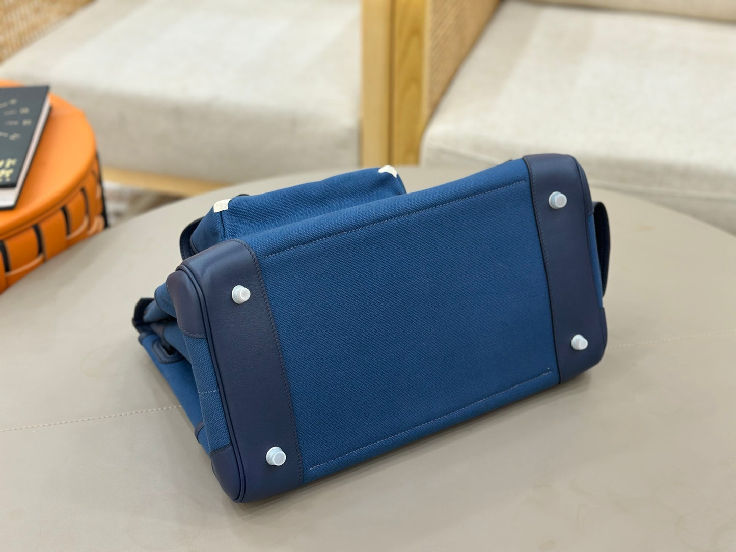 Deep Blue Canvas Leather Trim Silver Hardware Cargo Hand Tote Bag